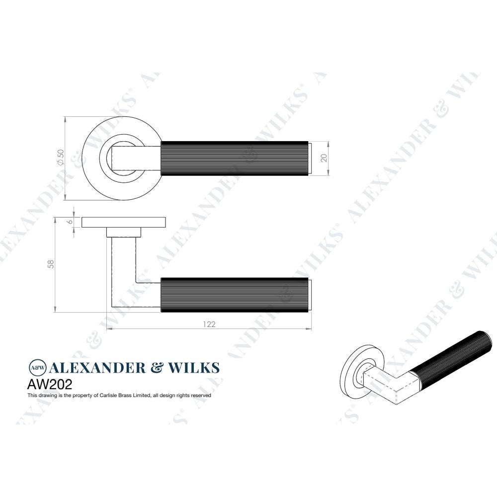 Line technical drawing image of Alexander & Wilks - Hurricane Reeded Lever on Round Rose - Dark Bronze PVD | Sku. aw202dbzpvd | Trade Door Handles.