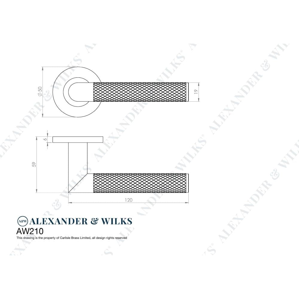 Line technical drawing image of Alexander & Wilks - Harrier Knurled Lever on Round Rose - Satin Brass PVD | Sku. aw210sbpvd | Trade Door Handles.
