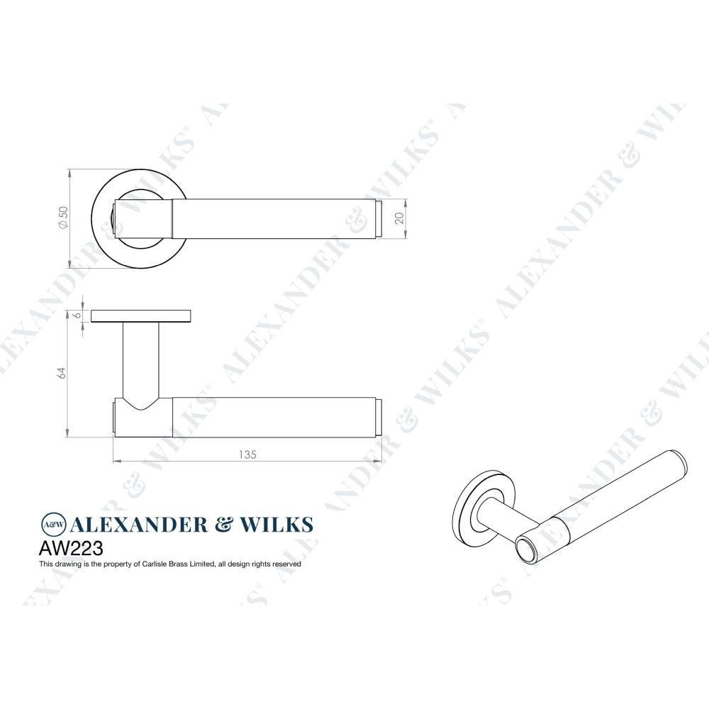 Line technical drawing image of Alexander & Wilks - Spitfire Hammered Lever on Round Rose - Dark Bronze | Sku. aw223dbz | Trade Door Handles.