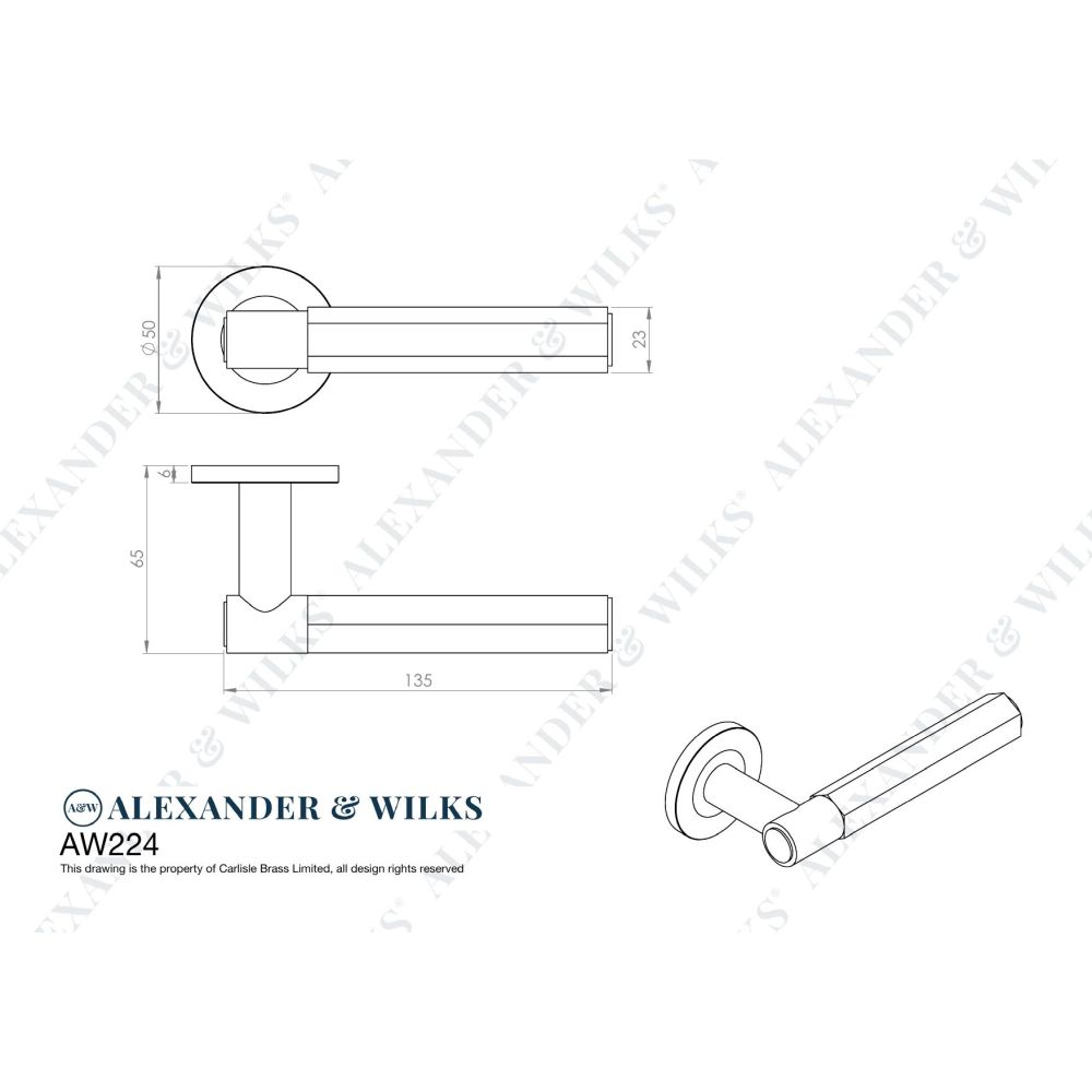 Line technical drawing image of Alexander & Wilks - Spitfire Hex Lever on Round Rose - Satin Brass | Sku. aw224sb | Trade Door Handles.