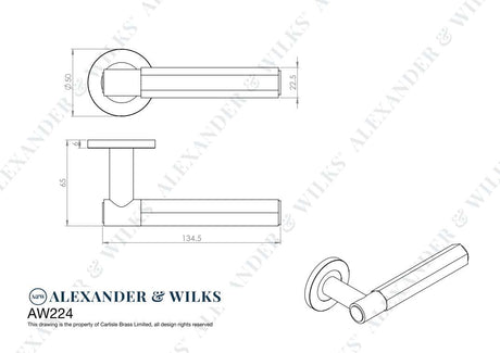 This is an image showing Alexander & Wilks Line Drawings - Spitfire Hex Lever on Round Rose - Polished Nickel aw224pn available to order from Trade Door Handles in Kendal, quick delivery and discounted prices.