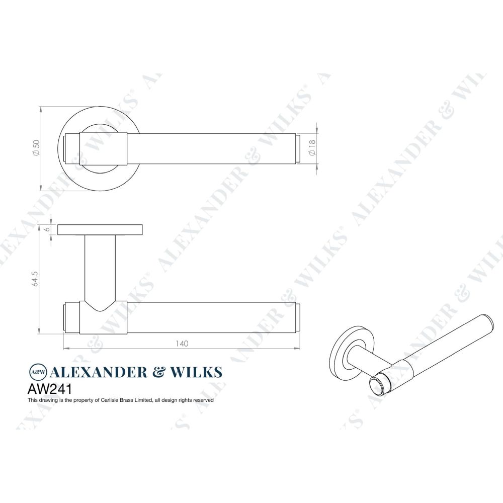 Line technical drawing image of Alexander & Wilks - Kingston Plain Lever on Round Rose-Satin Nickel PVD | Sku. aw241snpvd | Trade Door Handles.