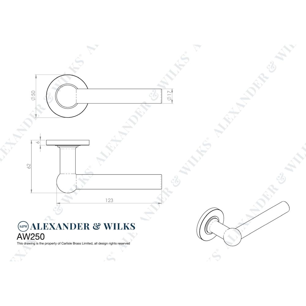Line technical drawing image of Alexander & Wilks - Siskin Lever on Rose - Dark Bronze PVD | Sku. aw250dbzpvd | Trade Door Handles.