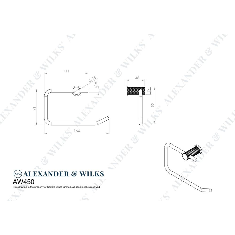 Line technical drawing image of Alexander & Wilks - Brunel Diamond Knurled Toilet Roll Holder - Matt Black | Sku. aw450bl | Trade Door Handles.