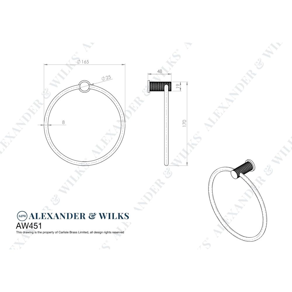 Line technical drawing image of Alexander & Wilks - Brunel Diamond Knurled Towel Ring - Satin Brass PVD | Sku. aw451sbpvd | Trade Door Handles.