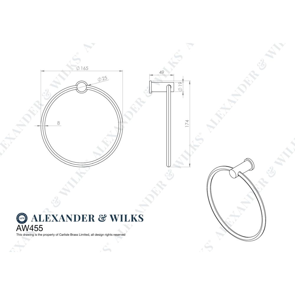 Line technical drawing image of Alexander & Wilks - Brunel Plain Towel Ring-Polished Chrome | Sku. aw455pc | Trade Door Handles.