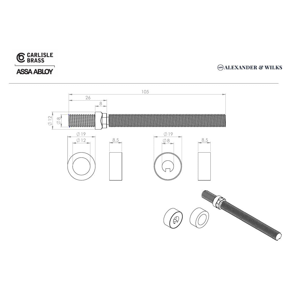 Line technical drawing image of Alexander & Wilks - Back To Back Fixings Antique Brass | Sku. aw50bbf-ab | Trade Door Handles.