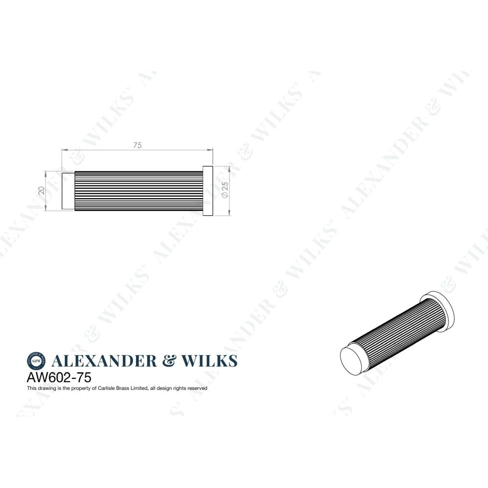 Line technical drawing image of Alexander & Wilks - Projection Cyl. Door stop Reeded 75X20mm Satin Nickel | Sku. aw602-75-sn | Trade Door Handles.