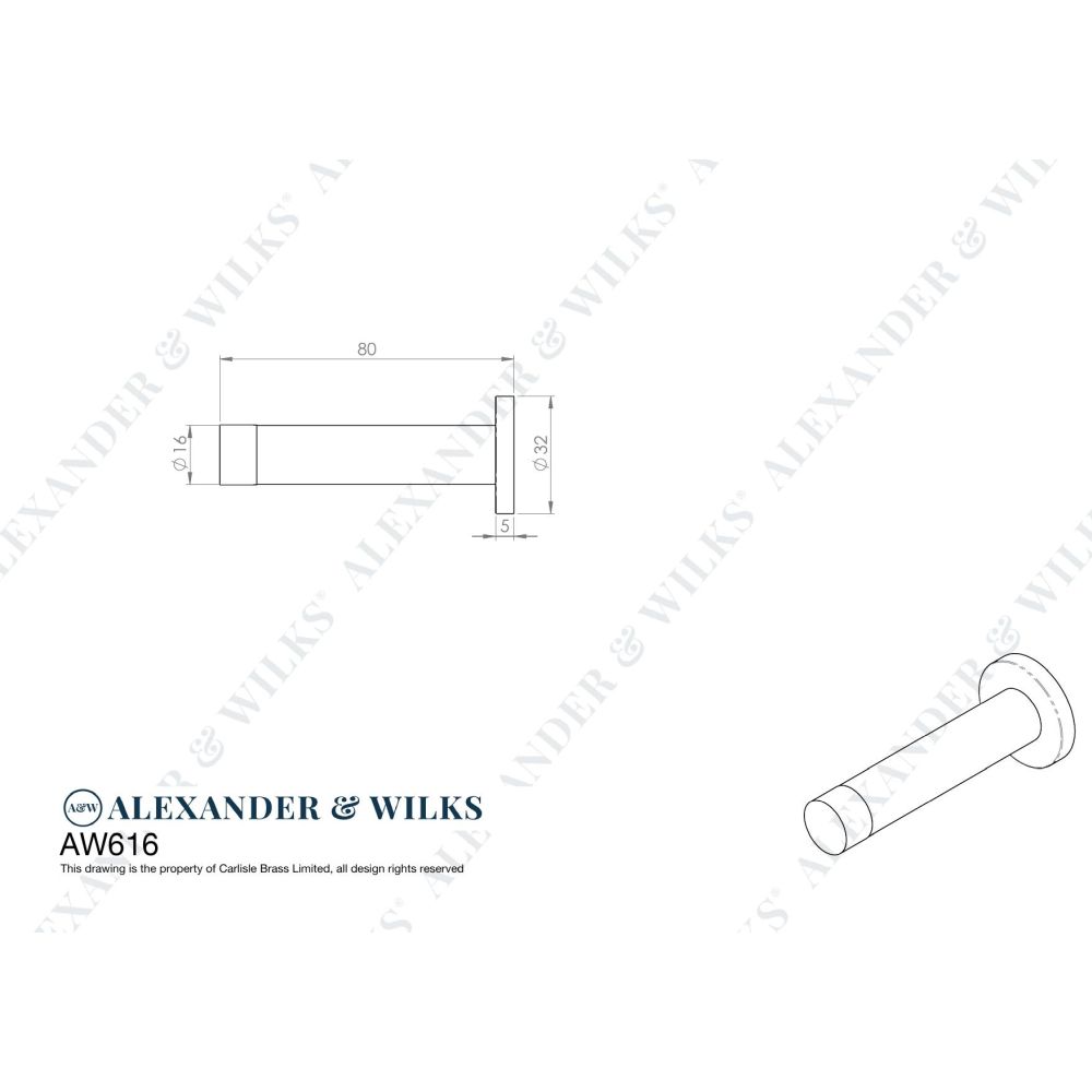 Line technical drawing image of Alexander & Wilks - Cylinder Projection Door Stop on Rose - Antique Brass | Sku. aw616ab | Trade Door Handles.