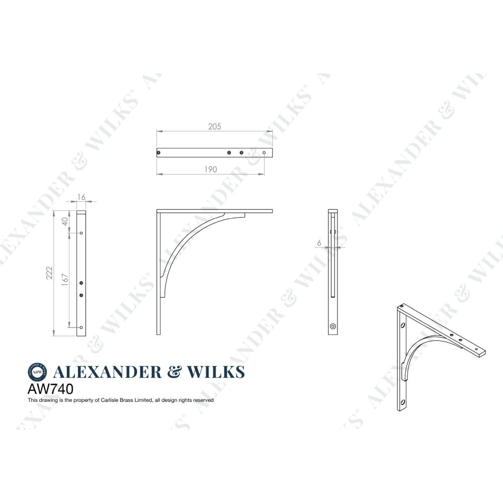 Line technical drawing image of Alexander & Wilks - Eden Solid Brass Shelf Bracket-Dark Bronze PVD | Sku. aw740dbzpvd | Trade Door Handles.