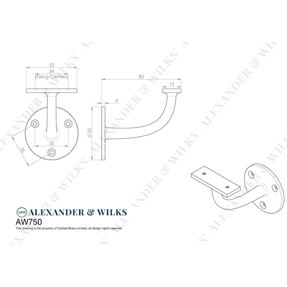 Line technical drawing image of Alexander & Wilks - Architectural Handrail Bracket - Dark Bronze | Sku. aw750dbz | Trade Door Handles.