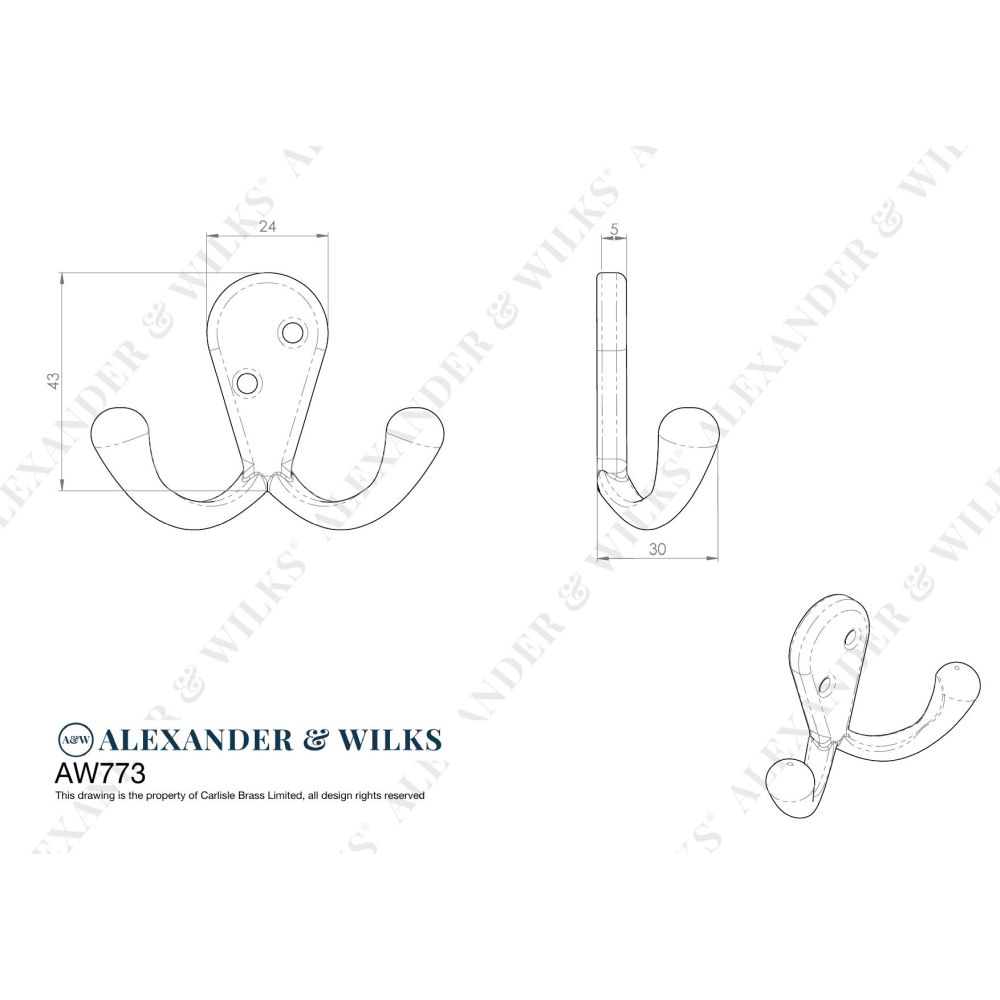 Line technical drawing image of Alexander & Wilks - Victorian Double Robe Hook - Black | Sku. aw773bl | Trade Door Handles.
