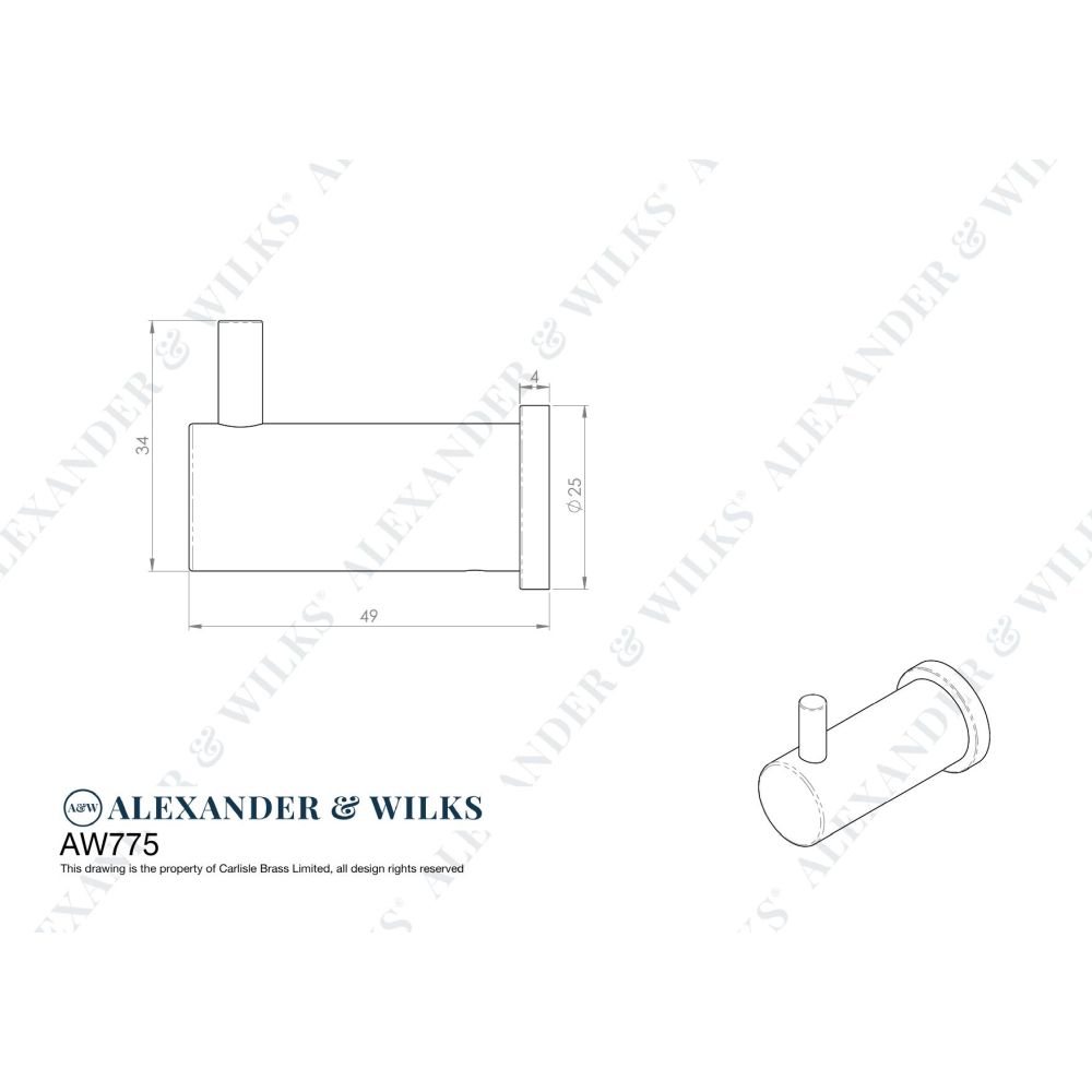Line technical drawing image of Alexander & Wilks - Brunel Knurled Coat Hook - Polished Chrome | Sku. aw775pc | Trade Door Handles.