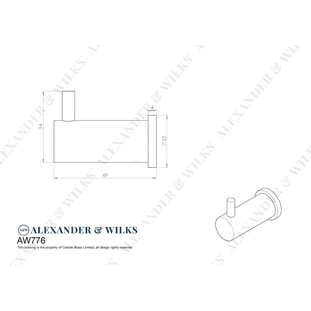 Line technical drawing image of Alexander & Wilks - Brunel Reeded Coat Hook - Polished Chrome | Sku. aw776pc | Trade Door Handles.