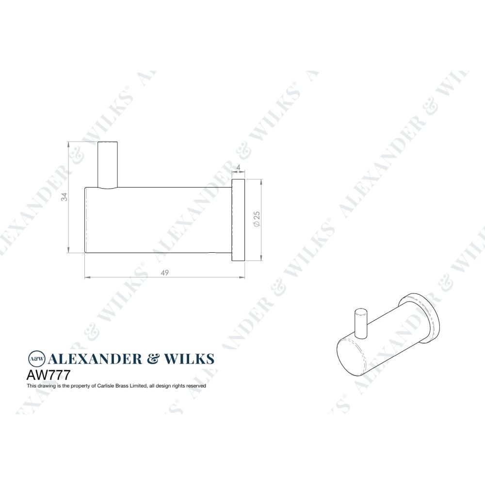 Line technical drawing image of Alexander & Wilks - Brunel Plain Coat Hook Satin Nickel | Sku. aw777sn | Trade Door Handles.