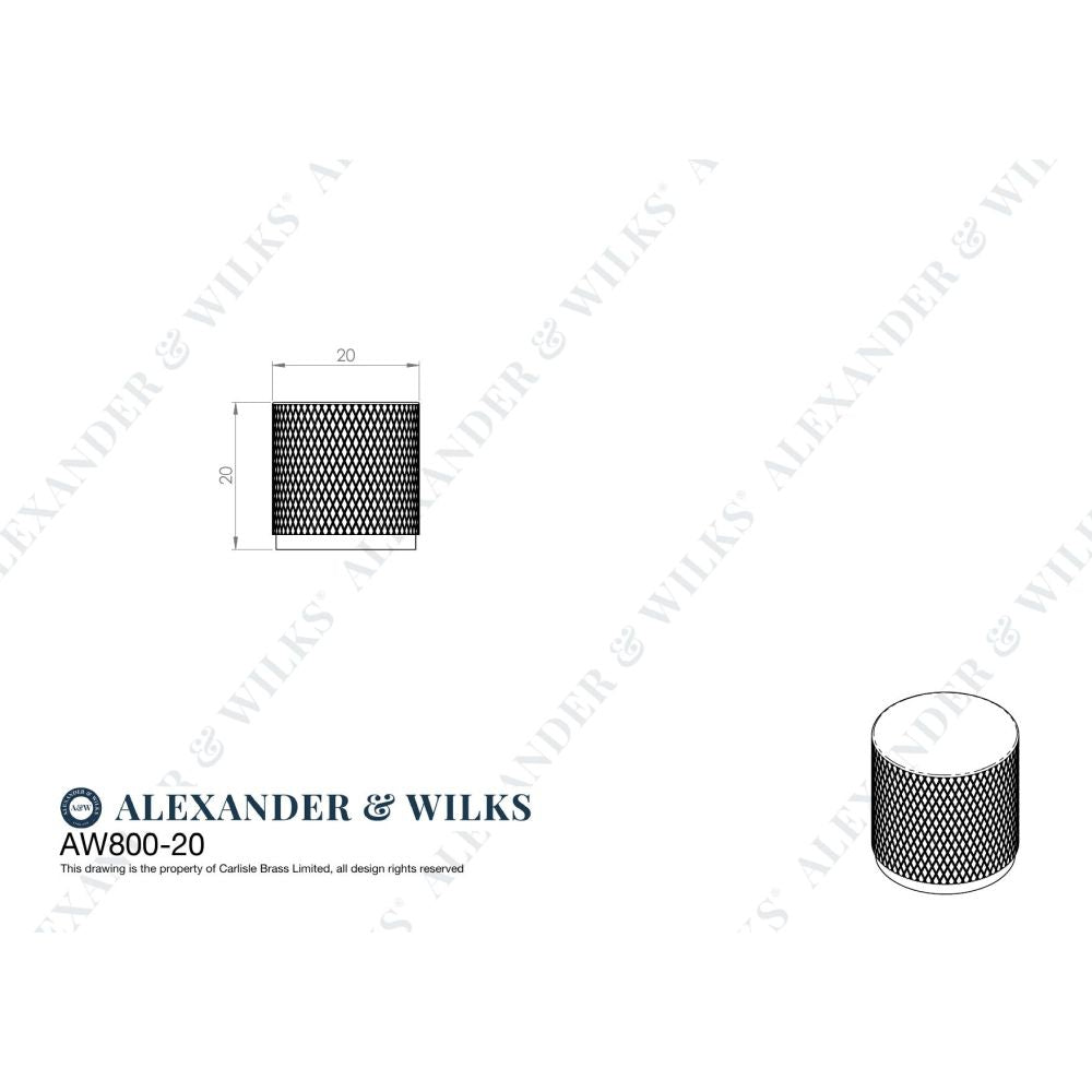 Line technical drawing image of Alexander & Wilks Brunel Knurled Cylinder Cupboard Knob - Satin Nickel - 20mm | Sku. aw800-20-sn | Trade Door Handles.