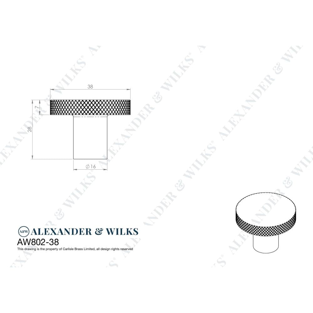 Line technical drawing image of Alexander & Wilks Hanover Knurled Circular Cupboard Knob - Antique Brass - 38mm | Sku. aw802-38-ab | Trade Door Handles.