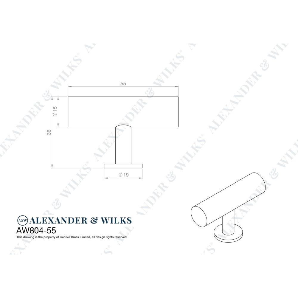 Line technical drawing image of Alexander & Wilks Leila Hammered T-Bar Knob Polished Nickel | Sku. AW804-55-PN | Trade Door Handles.