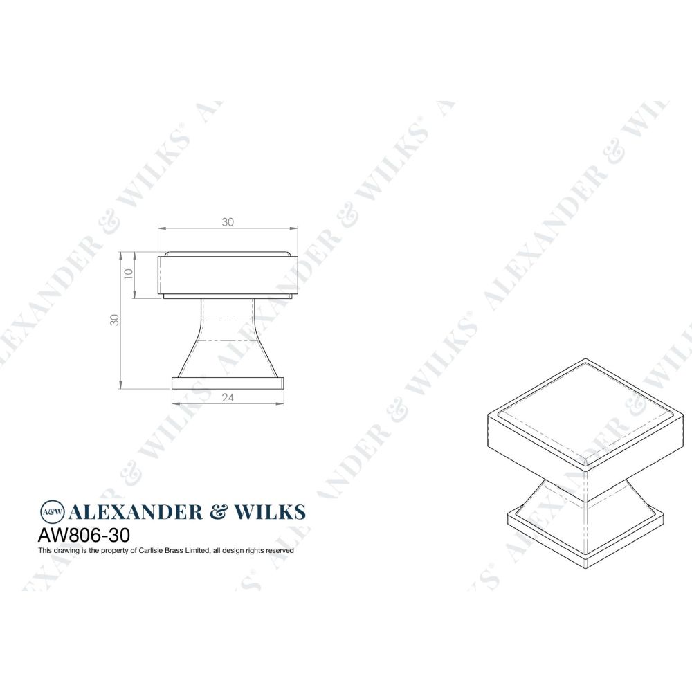 Line technical drawing image of Alexander & Wilks Jesper Square Cupboard Knob - Polished Chrome | Sku. aw806-30-pc | Trade Door Handles.