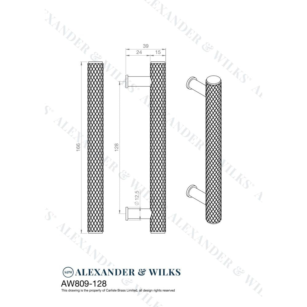 Line technical drawing image of Alexander & Wilks Crispin Knurled T-bar Cupboard Pull Handle - Black - Centres 128mm | Sku. aw809-128-bl | Trade Door Handles.