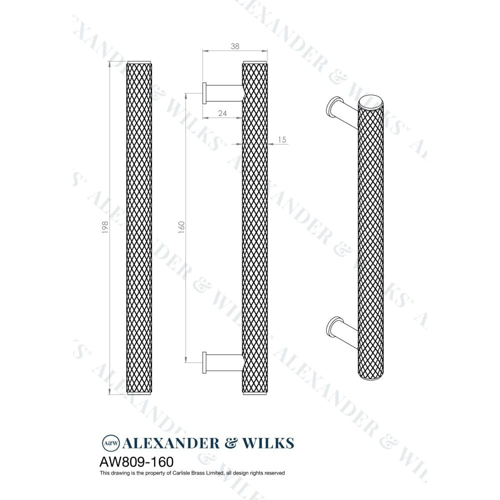 Line technical drawing image of Alexander & Wilks Crispin Knurled T-bar Cupboard Pull Handle - Antique Brass - Centres 160mm | Sku. aw809-160-ab | Trade Door Handles.