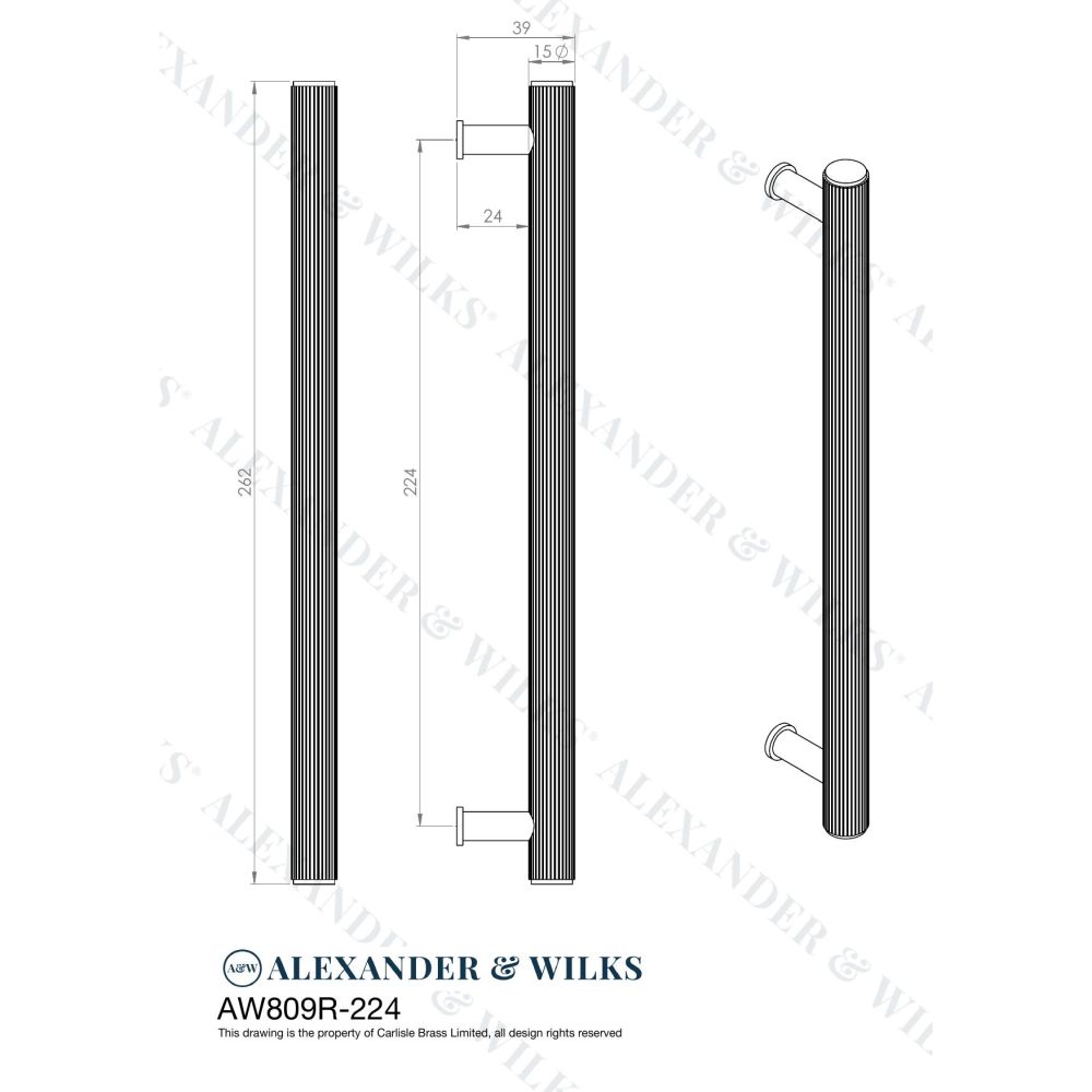 Line technical drawing image of Alexander & Wilks Crispin Reeded T-bar Cupboard Pull Handle - Antique Brass - 224mm | Sku. aw809r-224-ab | Trade Door Handles.