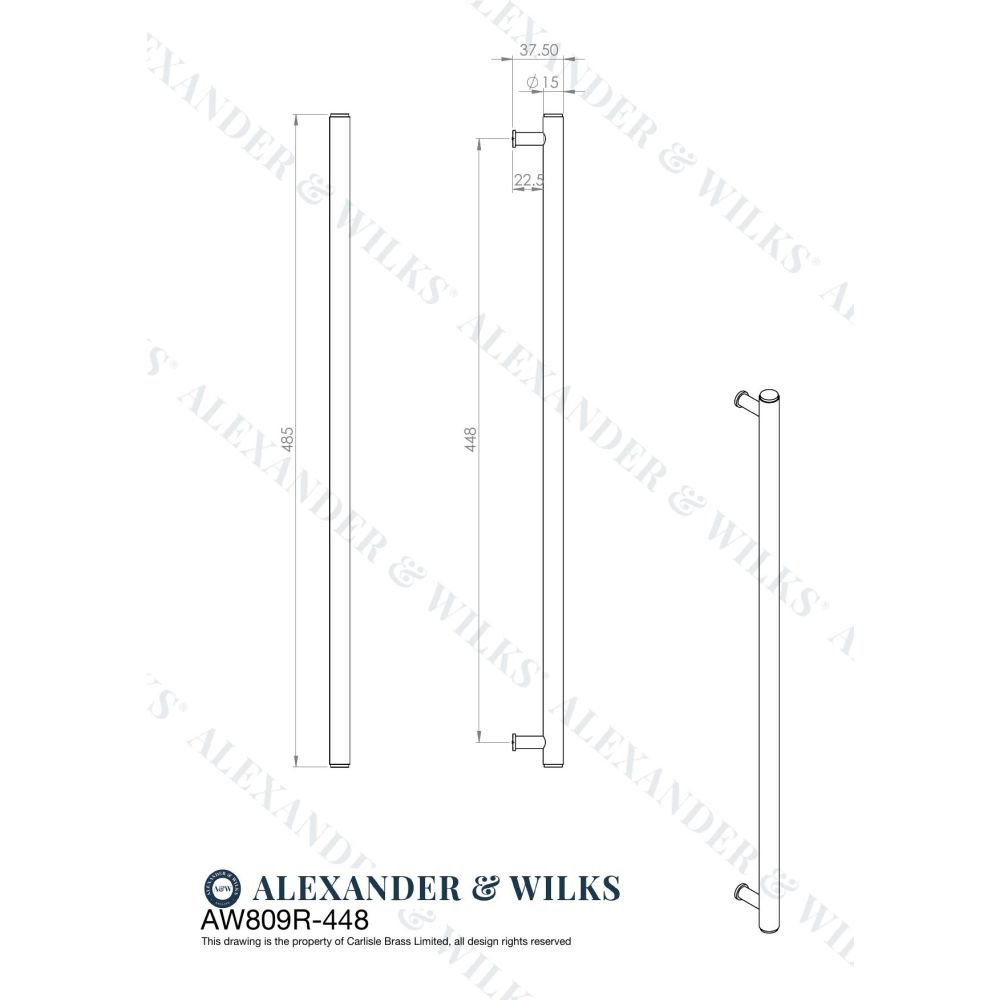 Line technical drawing image of Alexander & Wilks Crispin Reeded T-bar Cupboard Pull Handle-Polished Nickel-448mm Centres | Sku. AW809R-448-PN | Trade Door Handles.