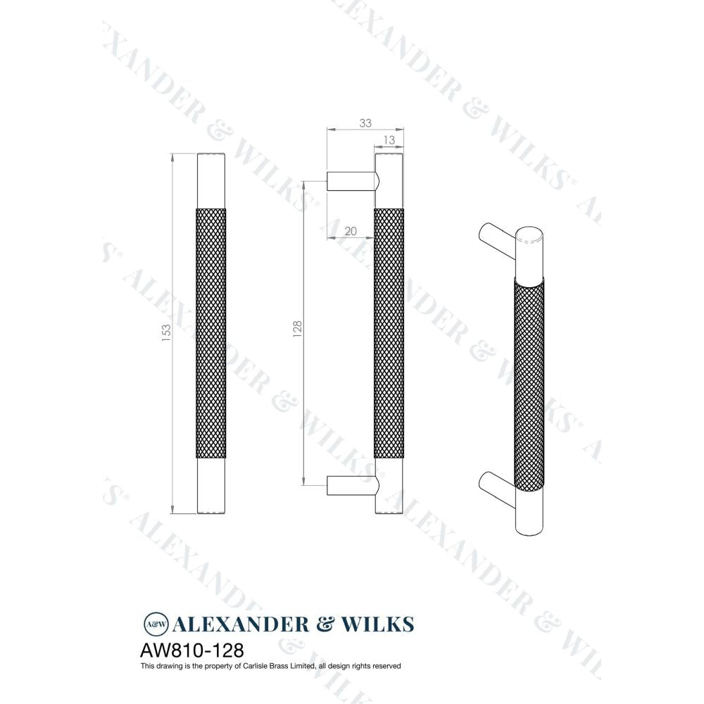Line technical drawing image of Alexander & Wilks Brunel Knurled T-Bar Cupboard Handle - Black - Centres 128mm | Sku. aw810-128-bl | Trade Door Handles.