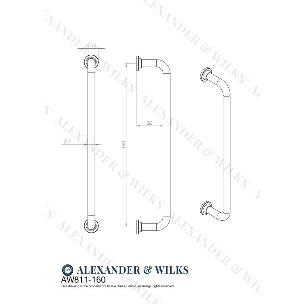Line technical drawing image of Alexander & Wilks Scandi Pull Handle-Polished Brass-160mm c/c | Sku. AW811-160-PB | Trade Door Handles.