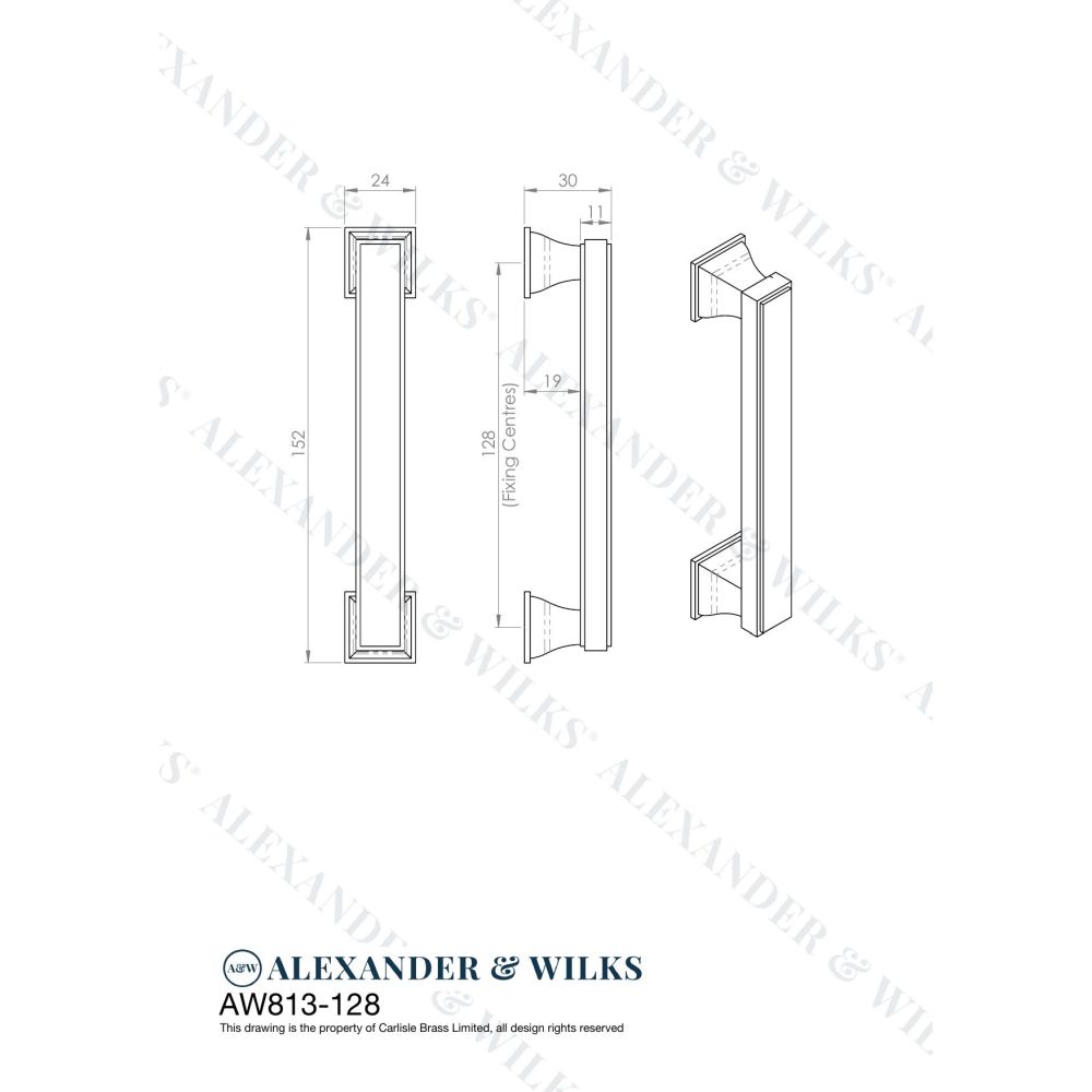 Line technical drawing image of Alexander & Wilks Jesper Square Cabinet Pull Handle - Polished Chrome - Centres 128mm | Sku. aw813-128-pc | Trade Door Handles.