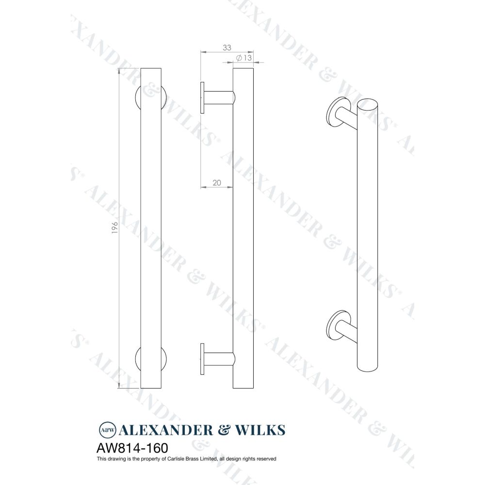 Line technical drawing image of Alexander & Wilks Round T-Bar Cabinet Pull Handle - Satin Nickel - Centres 160mm | Sku. aw814-160-sn | Trade Door Handles.