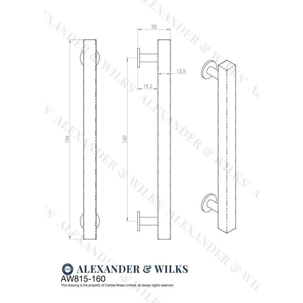Line technical drawing image of Alexander & Wilks Square T-Bar Cabinet Pull Handle - Dark Bronze - Centres 160mm | Sku. aw815-160-dbz | Trade Door Handles.