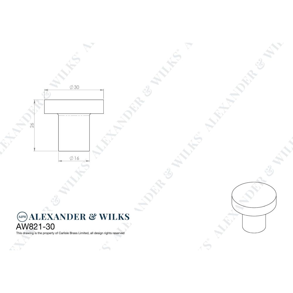 Line technical drawing image of Alexander & Wilks Hanover Plain Cupboard Knob - Black - Knob 30mm | Sku. aw821-30-bl | Trade Door Handles.