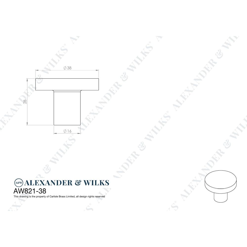 Line technical drawing image of Alexander & Wilks Hanover Plain Cupboard Knob - Satin Brass - Knob 38mm | Sku. aw821-38-sb | Trade Door Handles.