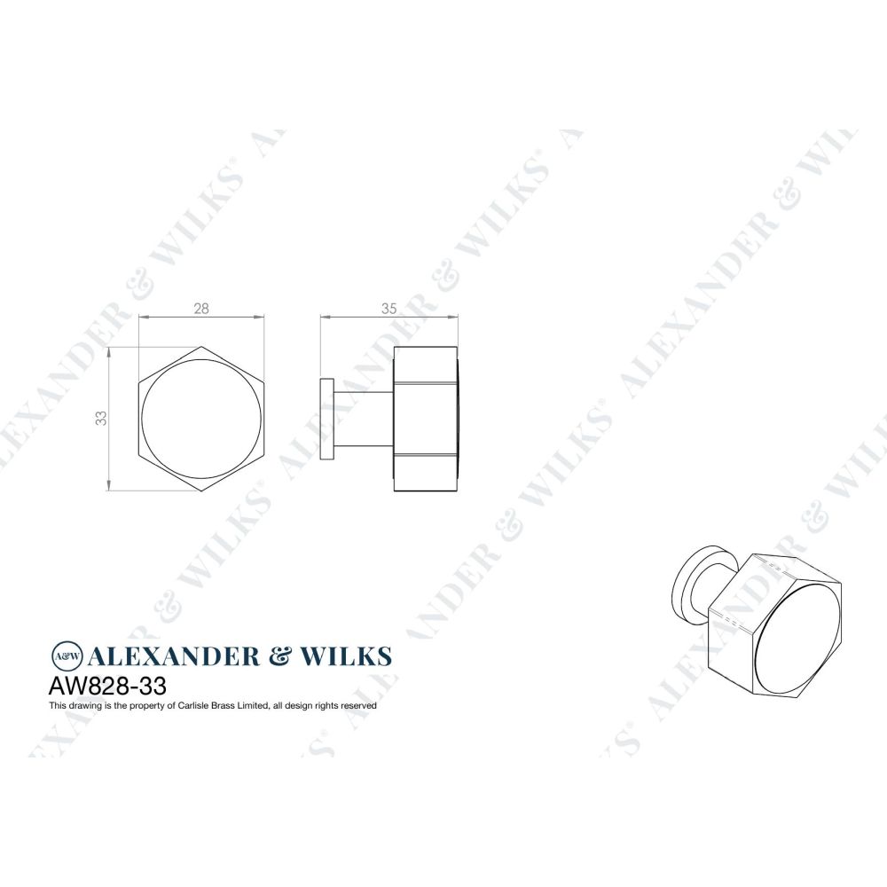 Line technical drawing image of Alexander & Wilks - Vesper Hex Cabinet Knob - Black | Sku. aw828-33-bl | Trade Door Handles.