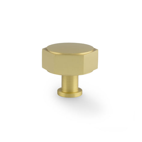 This is an image showing Alexander & Wilks - Vesper Hex Cabinet Knob - Satin Brass aw828-40-sb available to order from Trade Door Handles in Kendal, quick delivery and discounted prices.