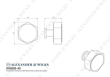 This is an image showing Alexander & Wilks Line Drawings - Vesper Hex Cabinet Knob - Antique Brass aw828-40-ab available to order from Trade Door Handles in Kendal, quick delivery and discounted prices.