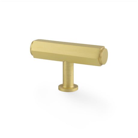 This is an image showing Alexander & Wilks - Vesper Hex T - Bar Cabinet Knob - Satin Brass aw829-55-sb available to order from Trade Door Handles in Kendal, quick delivery and discounted prices.