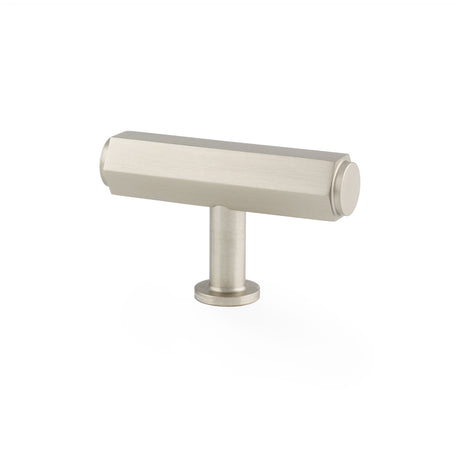 This is an image showing Alexander & Wilks - Vesper Hex T - Bar Cabinet Knob - Satin Nickel aw829-55-sn available to order from Trade Door Handles in Kendal, quick delivery and discounted prices.
