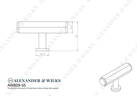 This is an image showing Alexander & Wilks Line Drawings - Vesper Hex T - Bar Cabinet Knob - Satin Nickel aw829-55-sn available to order from Trade Door Handles in Kendal, quick delivery and discounted prices.