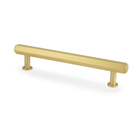 This is an image showing Alexander & Wilks - Vesper Hex T - Bar Cabinet Pull - Satin Brass - 128mm C/C aw830-128-sb available to order from Trade Door Handles in Kendal, quick delivery and discounted prices.
