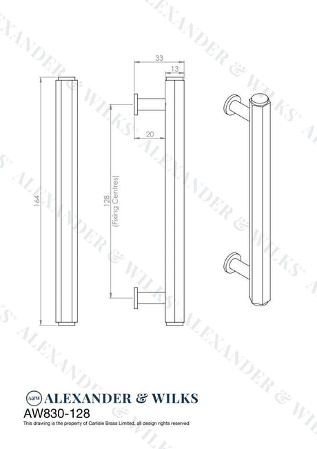 This is an image showing Alexander & Wilks Line Drawings - Vesper Hex T - Bar Cabinet Pull - Antique Brass - 128mm C/C aw830-128-ab available to order from Trade Door Handles in Kendal, quick delivery and discounted prices.