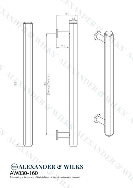 This is an image showing Alexander & Wilks Line Drawings - Vesper Hex T - Bar Cabinet Pull - Polished Nickel - 160mm C/C aw830-160-pn available to order from Trade Door Handles in Kendal, quick delivery and discounted prices.