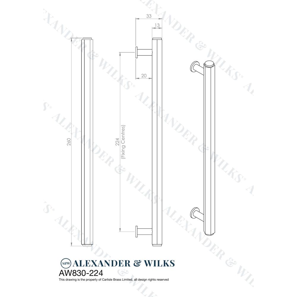 Line technical drawing image of Alexander & Wilks - Vesper Hex T - Bar Cabinet Pull - Satin Nickel - 224mm C/C | Sku. aw830-224-sn | Trade Door Handles.