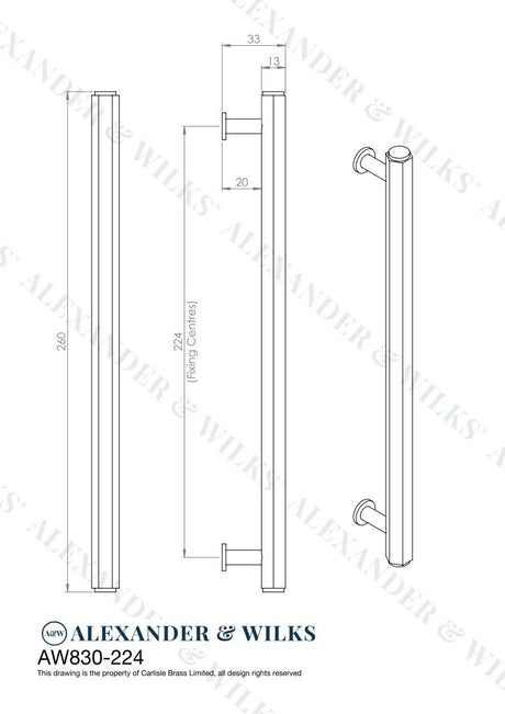 This is an image showing Alexander & Wilks Line Drawings - Vesper Hex T - Bar Cabinet Pull - Polished Nickel - 224mm C/C aw830-224-pn available to order from Trade Door Handles in Kendal, quick delivery and discounted prices.