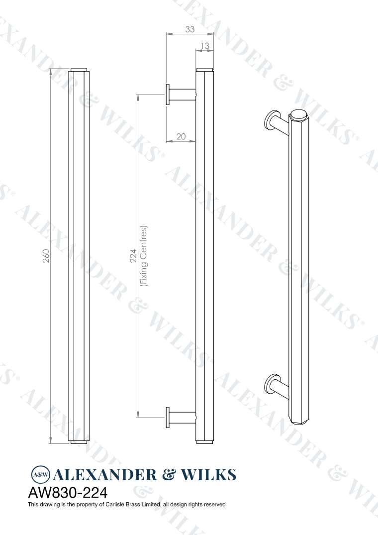 This is an image showing Alexander & Wilks Line Drawings - Vesper Hex T - Bar Cabinet Pull - Polished Nickel - 224mm C/C aw830-224-pn available to order from Trade Door Handles in Kendal, quick delivery and discounted prices.