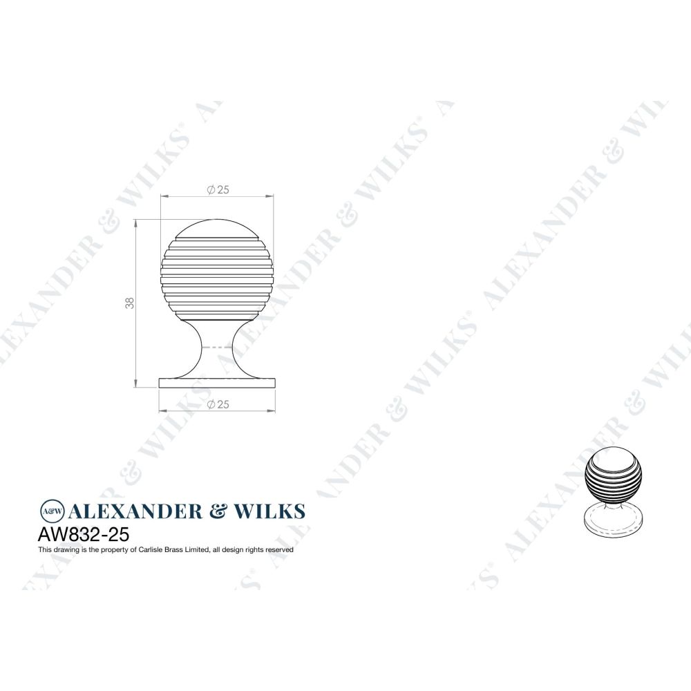 Line technical drawing image of Alexander & Wilks Caesar Cupboard Knob on Round Rose - Satin Chrome - 25mm | Sku. aw832-25-sc | Trade Door Handles.