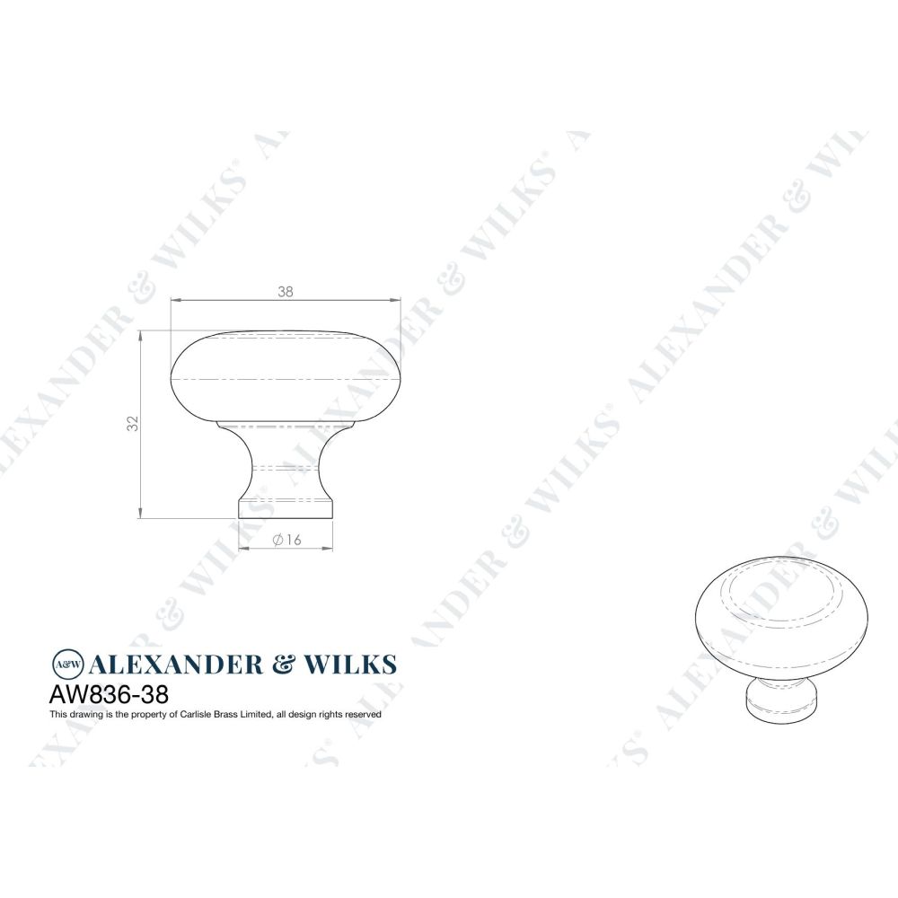 Line technical drawing image of Alexander & Wilks Wade Round Cupboard Knob - Polished Chrome - 38mm | Sku. aw836-38-pc | Trade Door Handles.