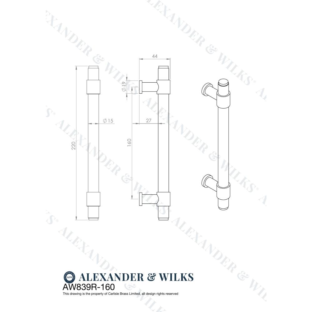 Line technical drawing image of Alexander & Wilks Kingston Reeded Pull Handle-Satin Brass PVD-160mm c/c | Sku. AW839R-160-SBPVD | Trade Door Handles.