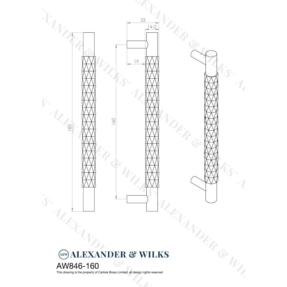 Line technical drawing image of Alexander & Wilks - DIAMOND CUT CABINET PULL - 160MM C/C - Satin Nickel | Sku. aw846-160-sn | Trade Door Handles.